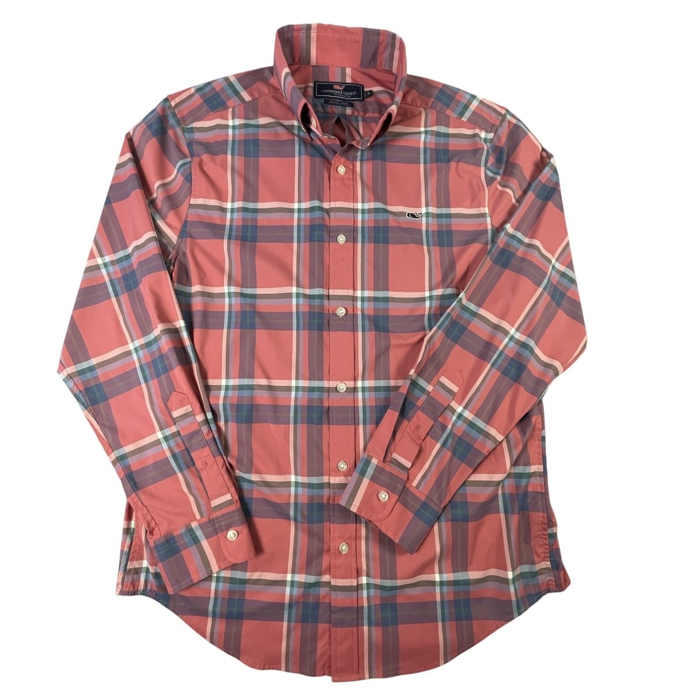 Vineyard Vines Button Down Men M Pink Whale Shirt Plaid Performance Stretch Prep